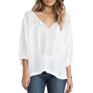 Free People Sz XS Lace Panel Rayon Peasant Blouse Tie Front White Loose Fit